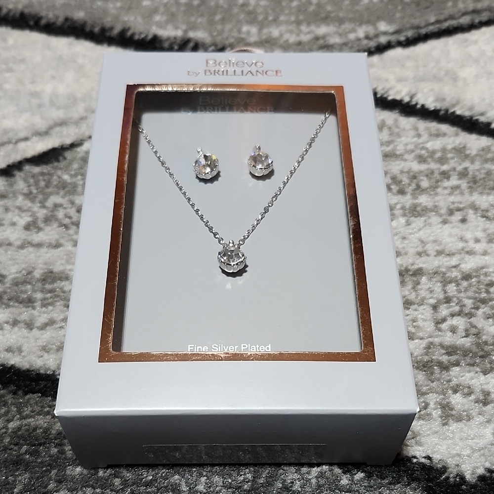 BELIEVE BY BRILLANCE FINE SILVER PLATED GENUINE CRYSTAL NECKLACE & EARRINGS